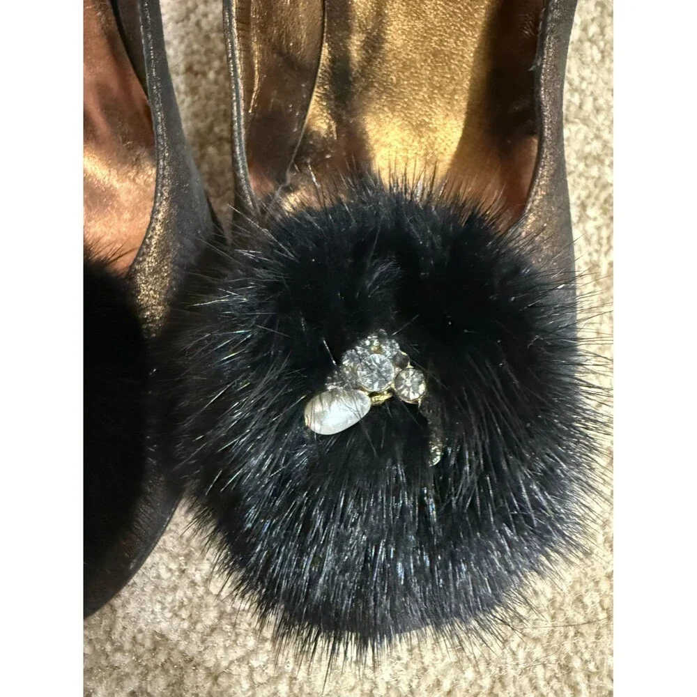 Mariani Studio Bronze Metallic Pumps Womens 7.5 Mink Fur Pom Accent Heels Shoes
